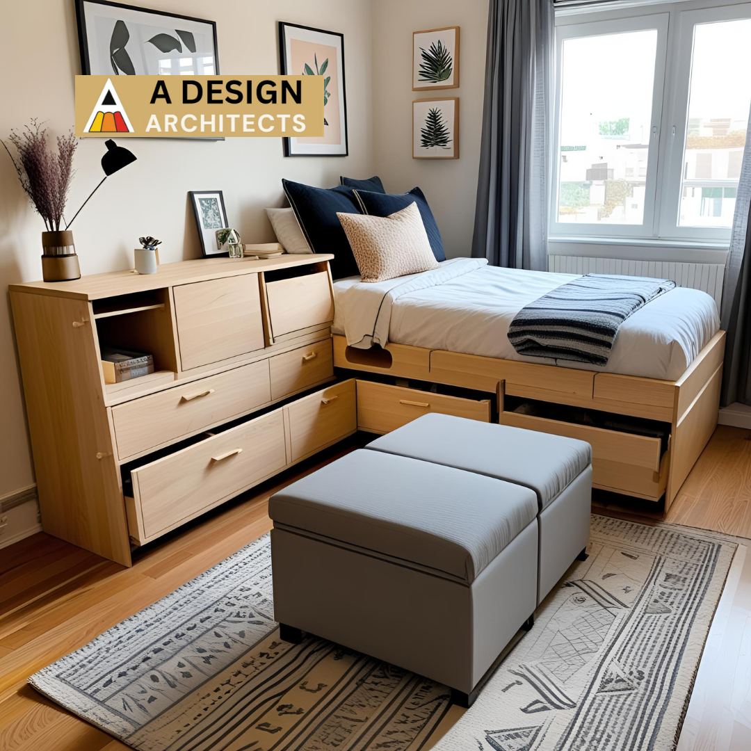Compact modern bedroom with smart wooden storage bed, pull-out drawers, multipurpose ottoman, and neutral decor, designed by A Design Architects.