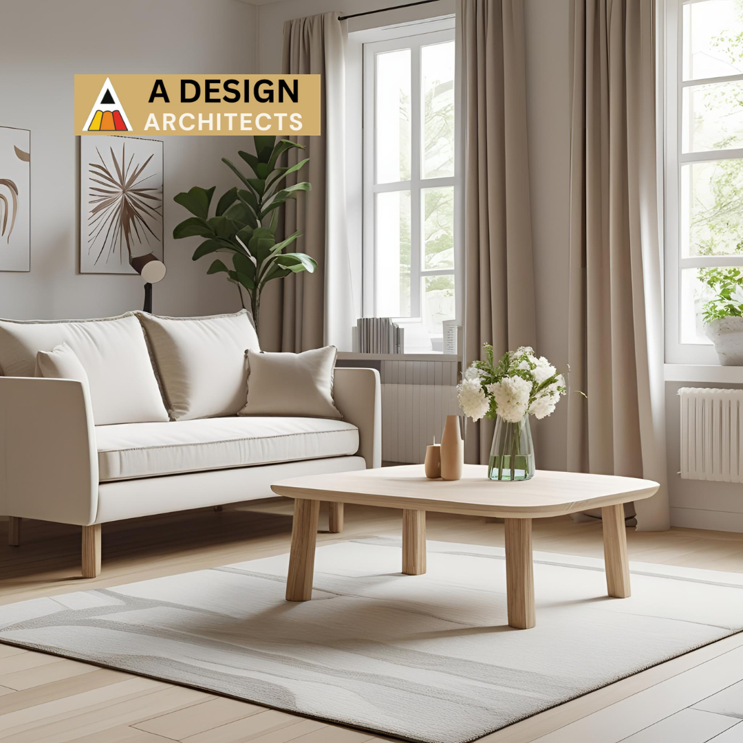Modern minimalist living room with a beige sofa, wooden coffee table, and neutral-toned decor. Large windows with light curtains brighten the space, and indoor plants add a natural touch. A Design Architects logo appears in the top left corner.