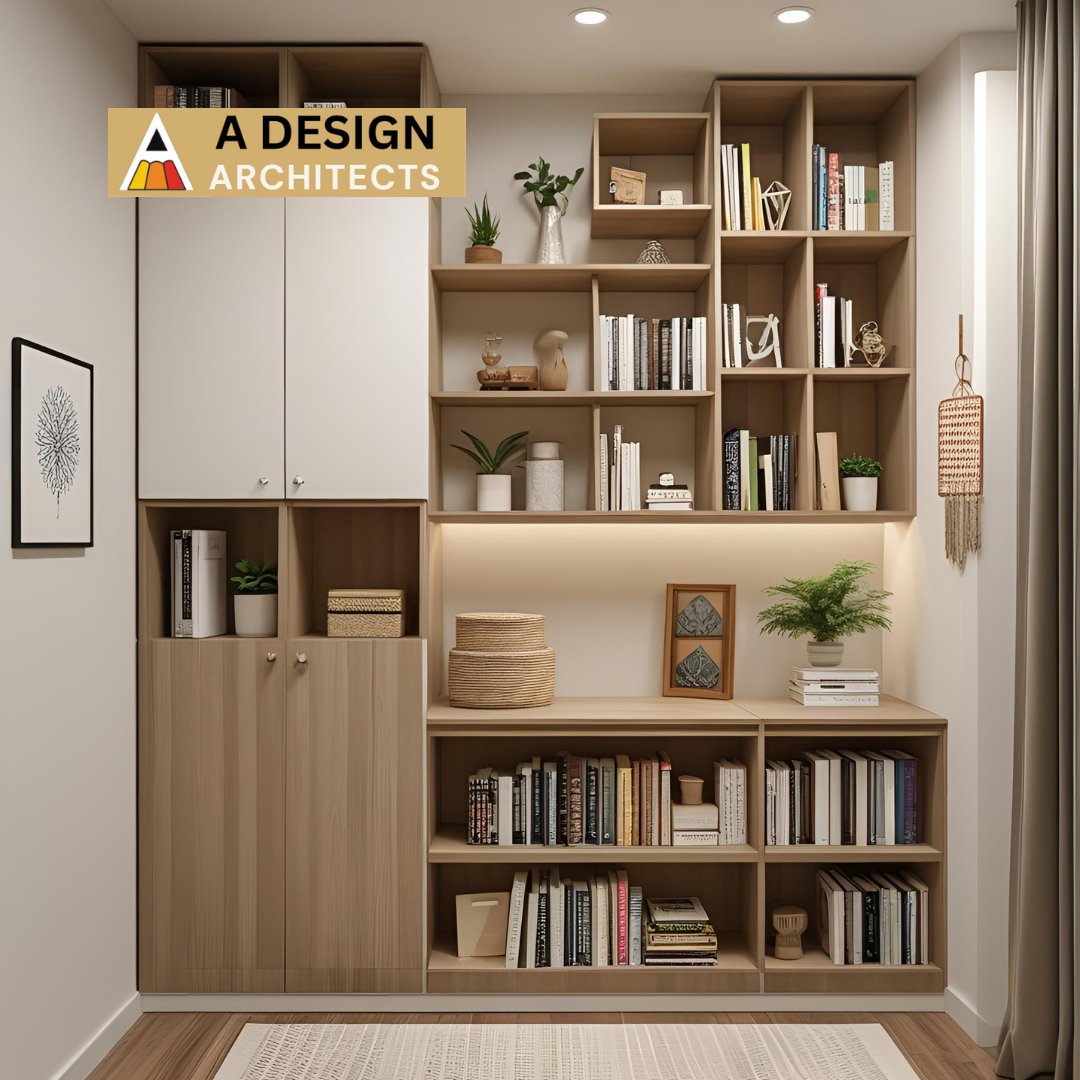 Modern built-in wooden bookshelf with warm lighting, indoor plants, and minimalist decor in a compact reading corner, designed by A Design Architects.