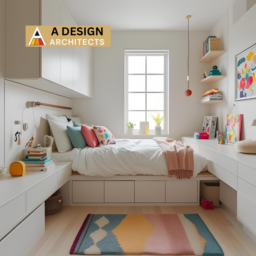 Colorful and space-saving kids’ bedroom with smart storage under the bed, wall-mounted shelves, study area, and bright window lighting, designed by A Design Architects.