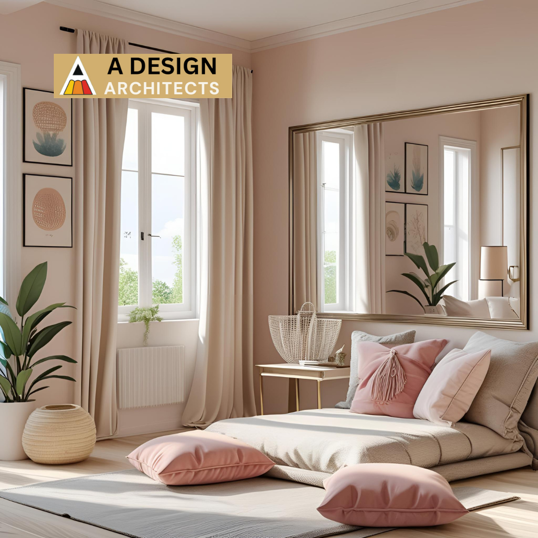 Minimalist pastel-themed bedroom with floor seating, large mirror, indoor plants, soft pink cushions, and natural light, designed by A Design Architects.