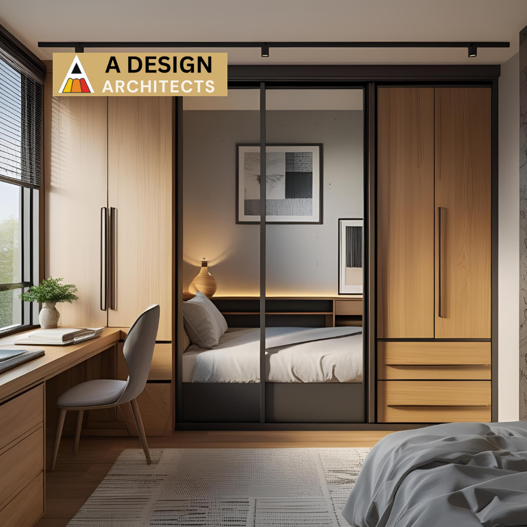 Modern compact bedroom with sliding mirrored wardrobe, integrated wooden study desk, and warm ambient lighting, designed by A Design Architects.
