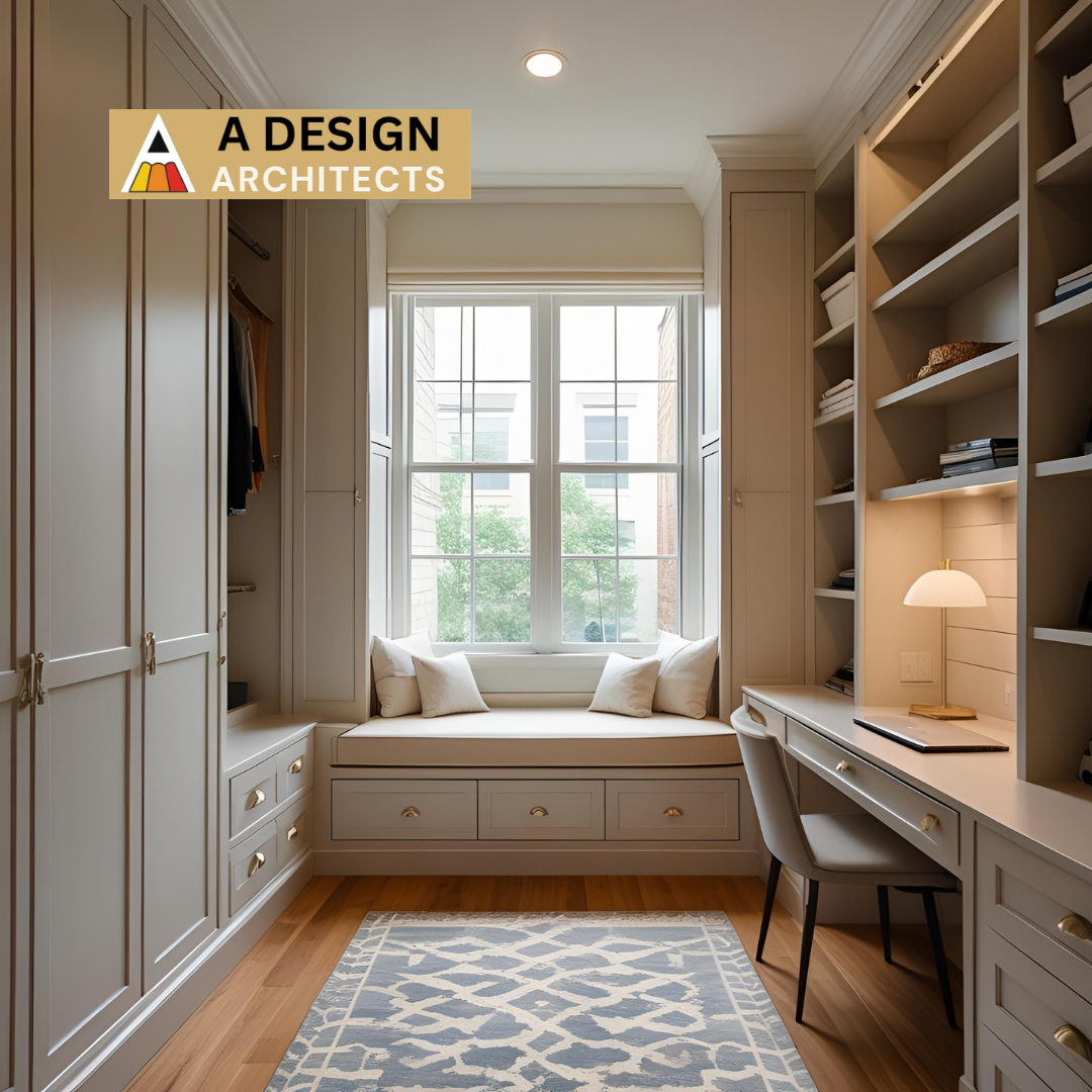 Elegant multi-functional home office and reading nook with built-in storage, window seat, open shelving, and soft lighting, designed by A Design Architects.