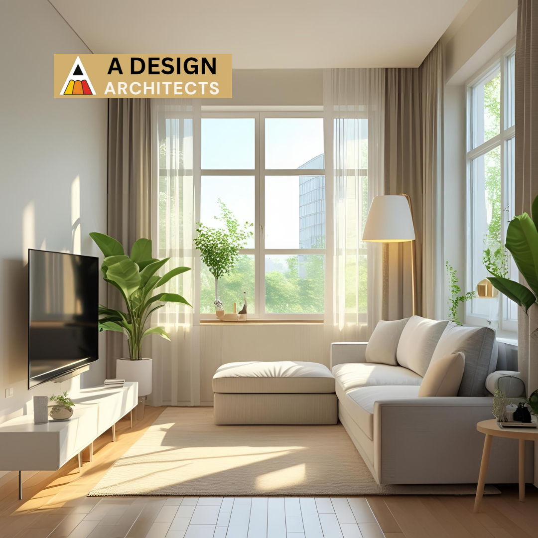 Bright and airy modern living room with white sectional sofa, indoor plants, large windows, and natural sunlight, designed by A Design Architects.
