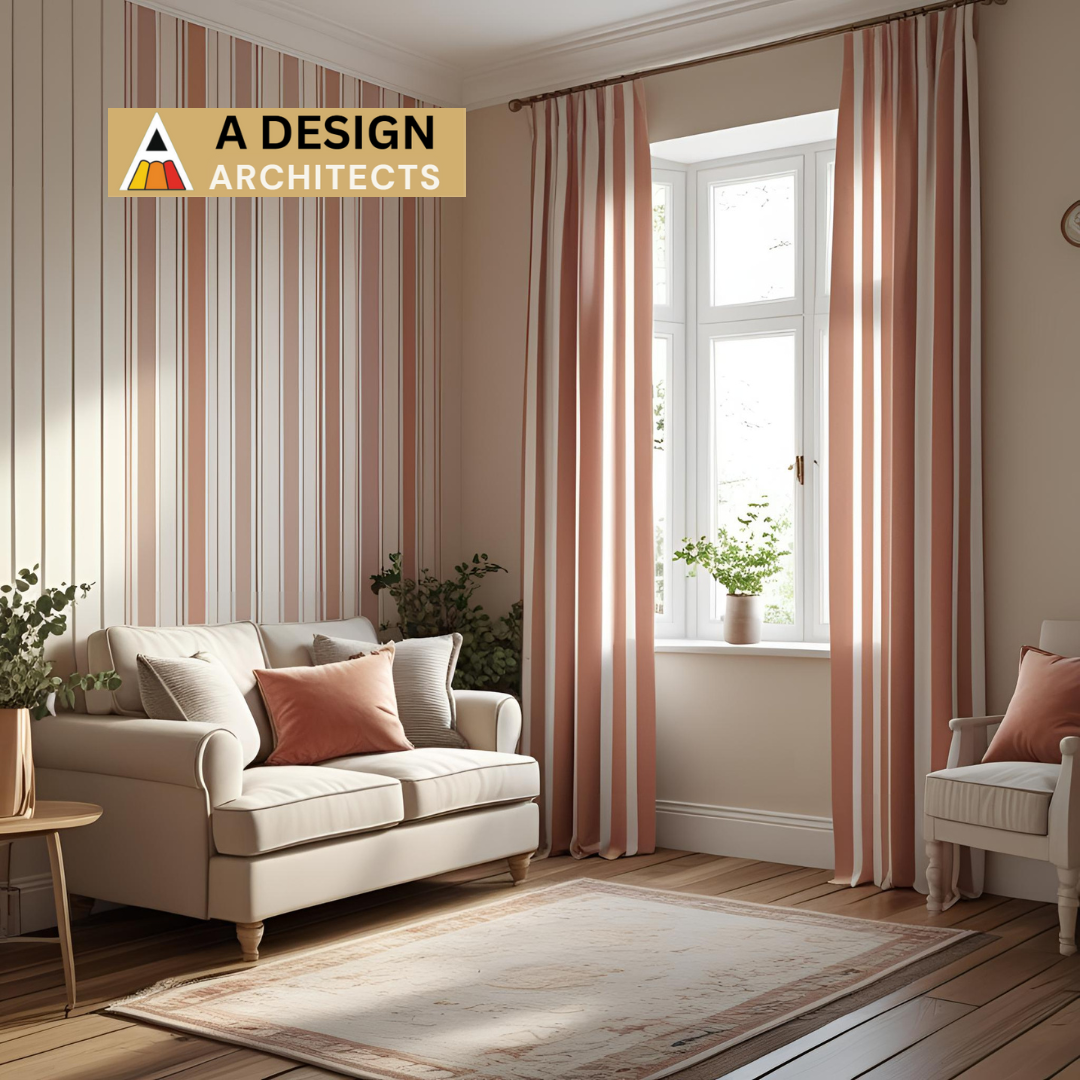 Cozy living room with soft beige furniture, coral and white striped curtains, and a matching striped accent wall. A plush area rug and indoor plants add warmth to the space. The "A Design Architects" logo is displayed in the top left corner.          Ask ChatGPT