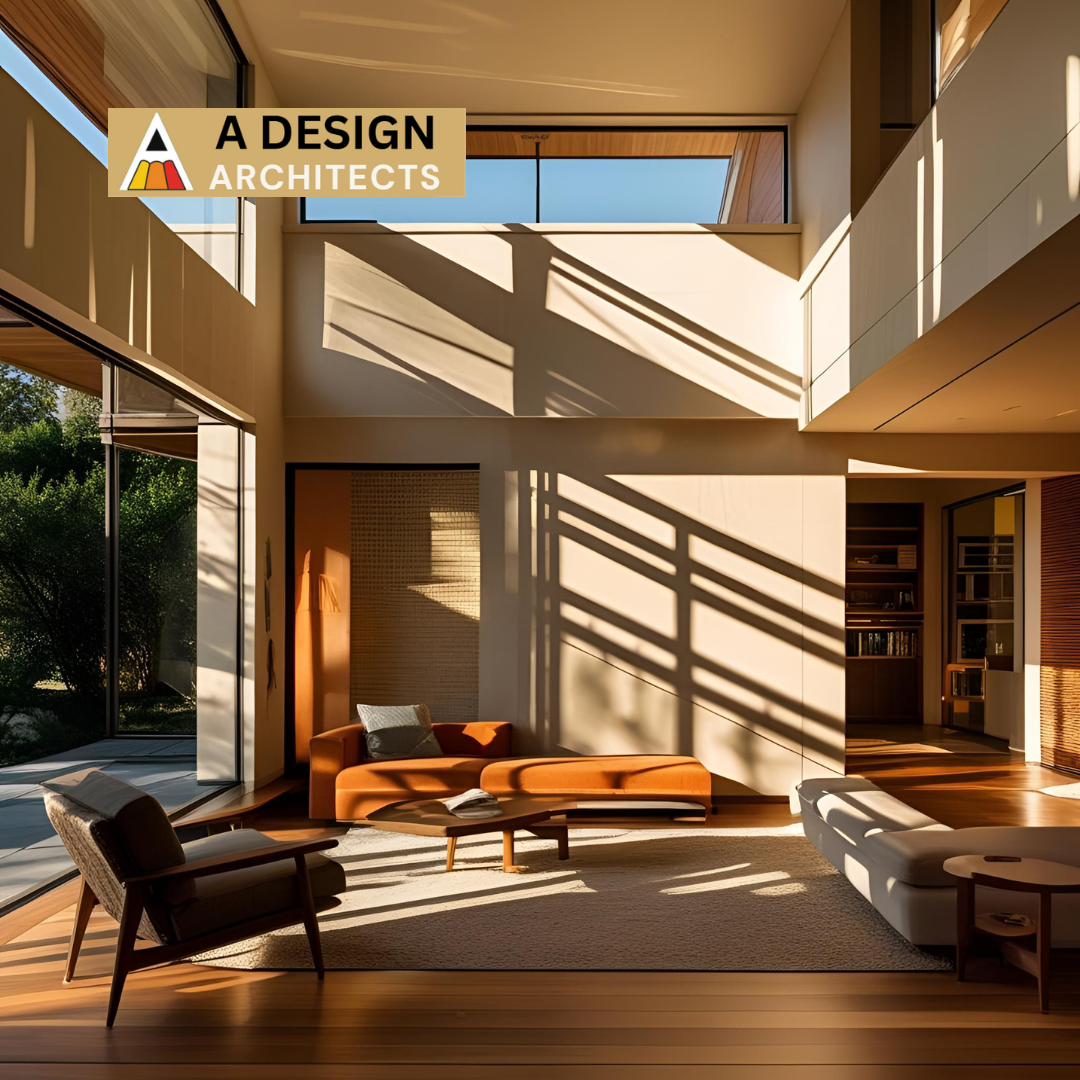 Modern double-height living room with natural light and minimalist furniture design by A Design Architects – wooden flooring, large glass windows, and contemporary interior aesthetics for luxury homes in Ahmedabad.