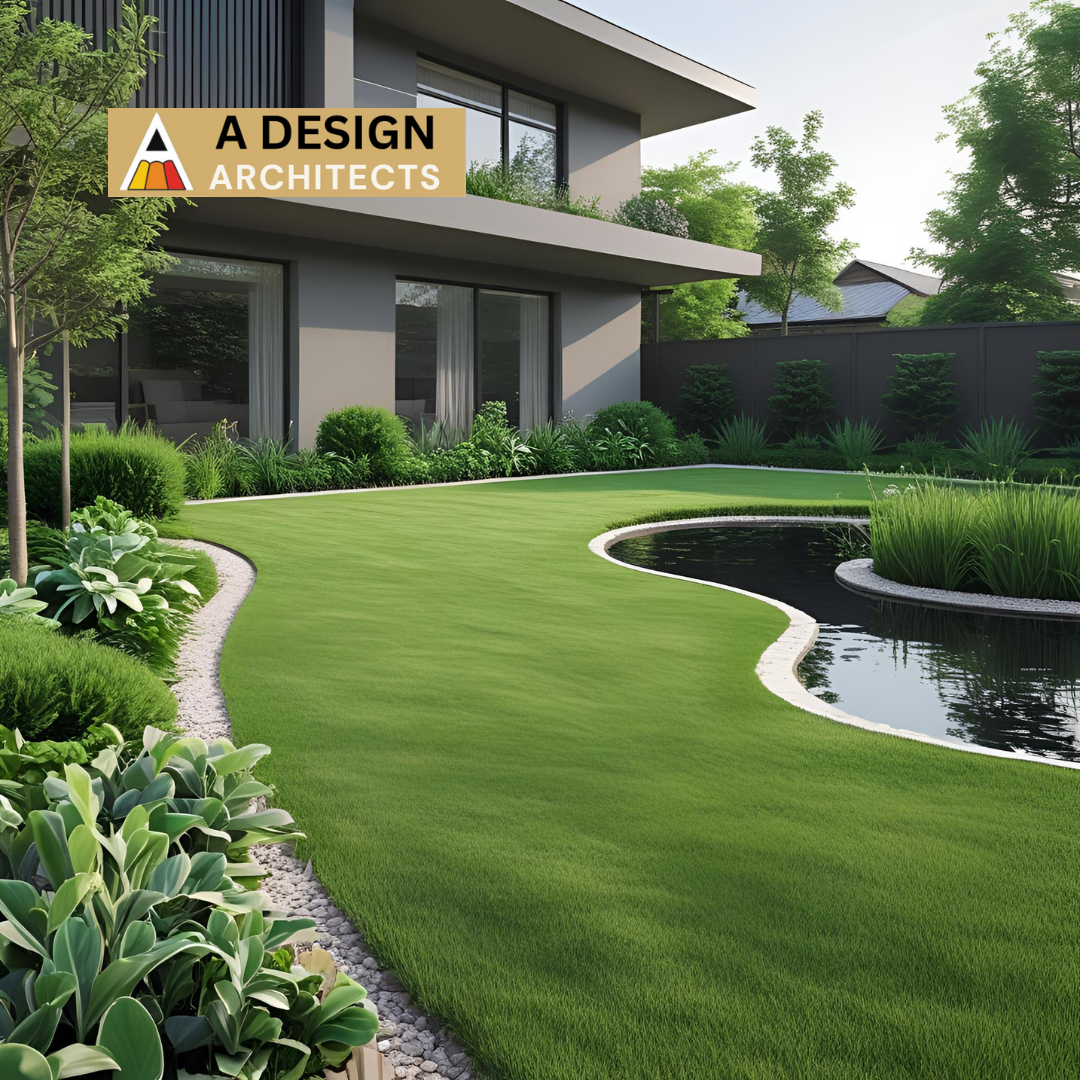 Modern landscaped garden with lush green lawn, curved pond, and elegant greenery outside a contemporary home designed by A Design Architects.