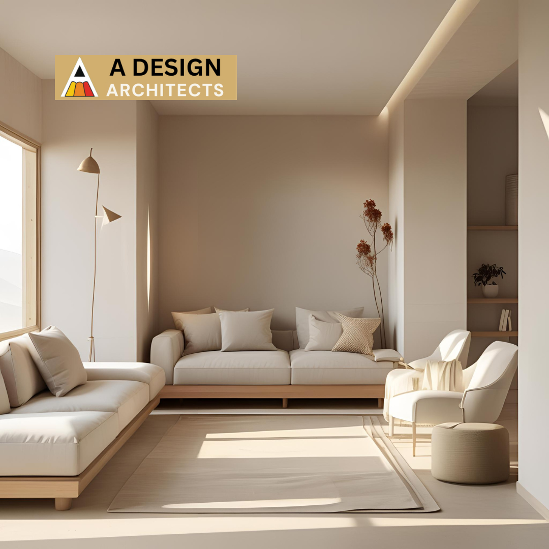Minimalist beige living room with modern sofas, soft lighting, and elegant décor designed by A Design Architects – promoting aesthetic and calming interior design.