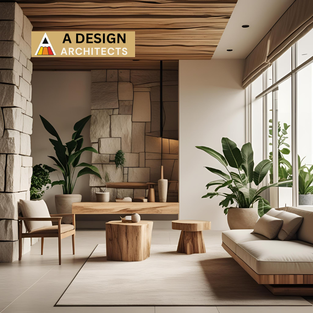 Modern zen-inspired interior with natural wood furniture, stone textures, indoor plants, and soft neutral tones – a tranquil living space designed by A Design Architects for serene and sustainable living.