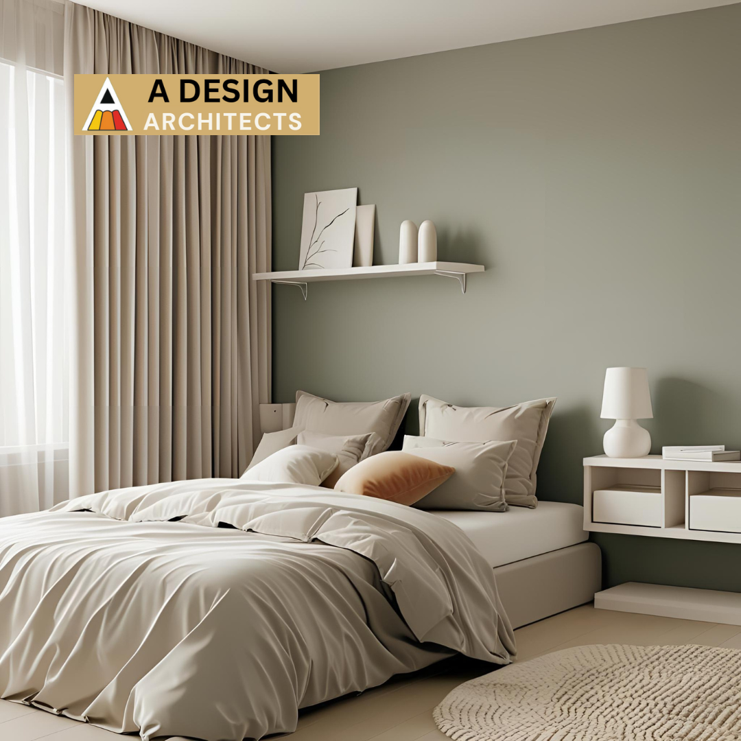Minimalist modern bedroom design with soft beige tones, cozy bedding, and muted green accent wall – crafted by A Design Architects to create a peaceful and stylish sleeping space.