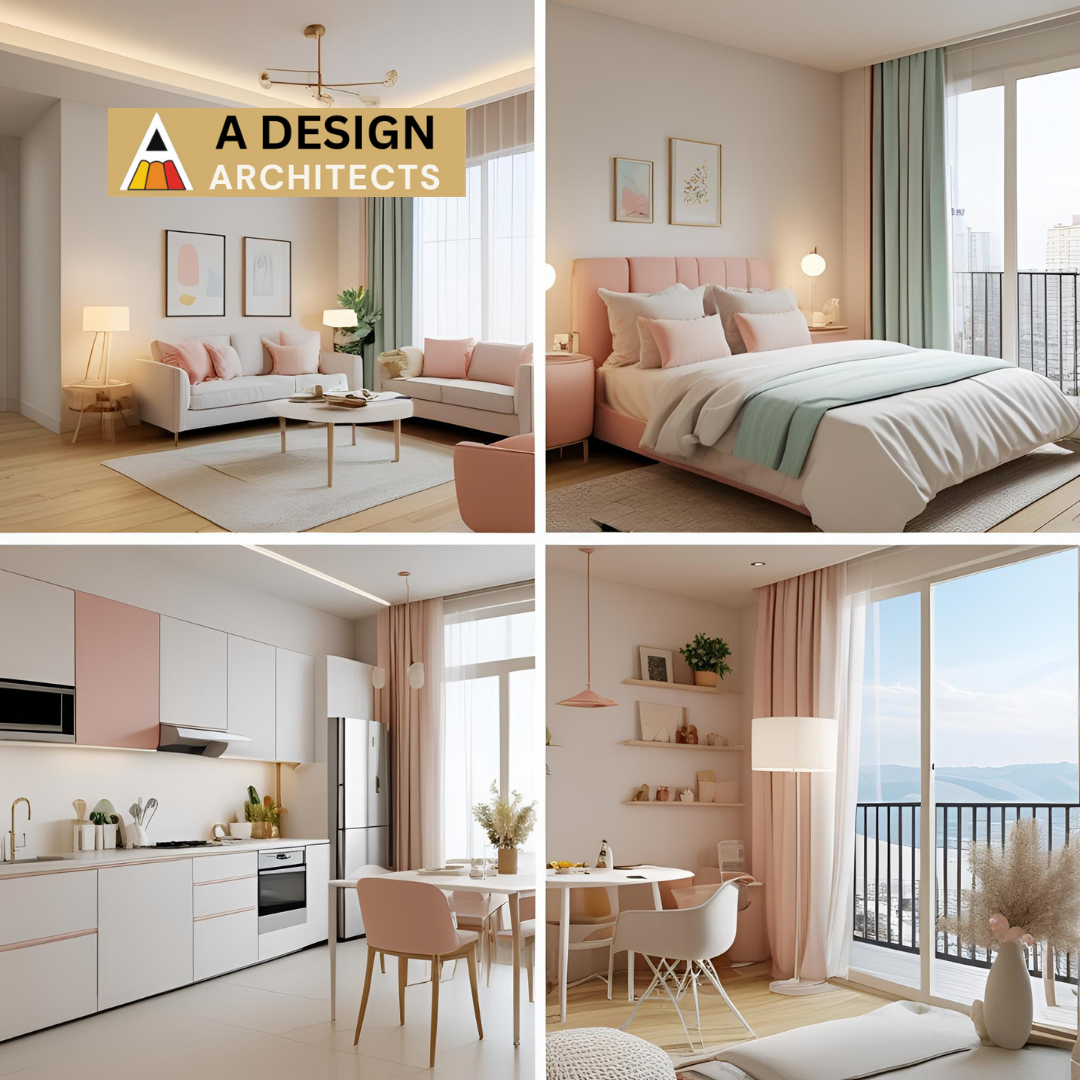 Modern pastel-themed home interiors by A Design Architects – elegant living room, cozy bedroom with balcony, stylish modular kitchen, and bright dining area with sea view. Expert interior design in Ahmedabad for modern homes.