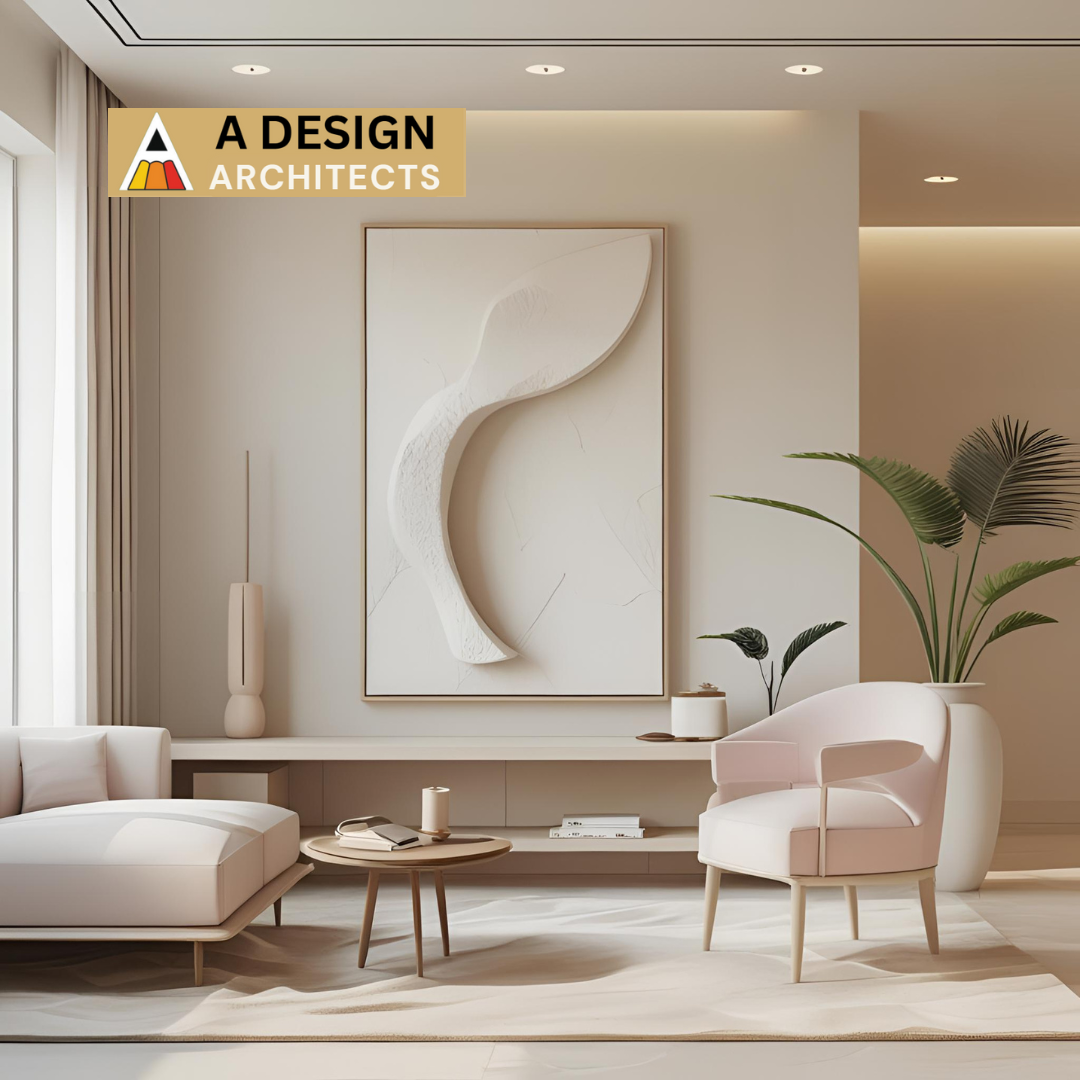 Minimalist luxury living room with soft beige tones, abstract wall art, pastel furniture, and indoor plants — styled by A Design Architects to reflect elegance and tranquility.