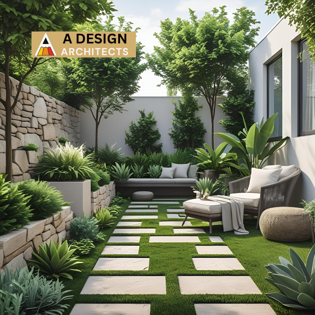 Modern landscaped garden design with stone pathway, lush greenery, and stylish outdoor seating – created by A Design Architects to elevate backyard living with natural elegance