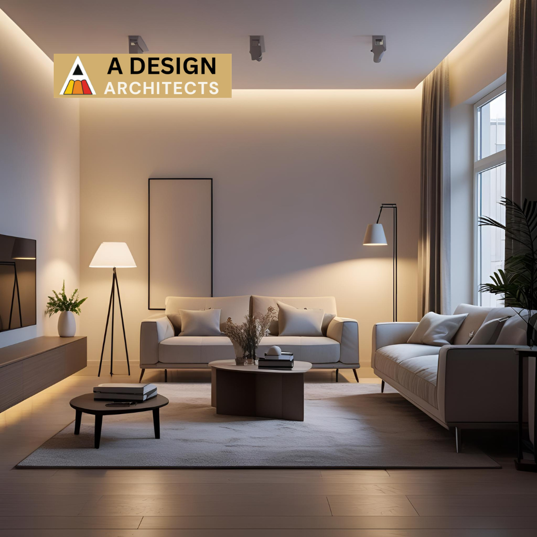Elegant modern living room with ambient lighting, neutral-toned furniture, and minimalist decor – a sophisticated interior space designed by A Design Architects for contemporary living