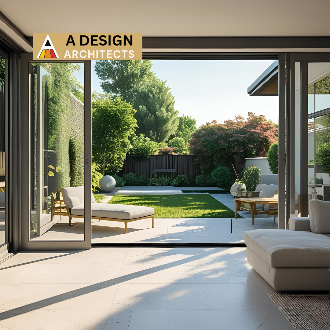 Modern luxury patio with seamless indoor-outdoor transition, elegant lounge seating, and beautifully landscaped backyard – designed by A Design Architects to blend comfort and nature effortlessly.