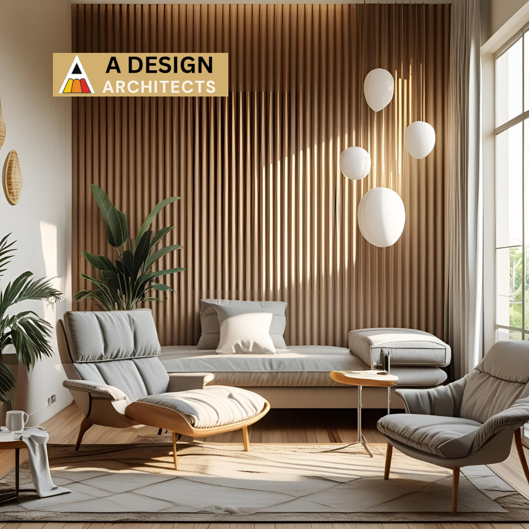 Elegant modern living room with wooden slatted accent wall, cozy lounge chairs, pendant lights, and indoor plants — designed by A Design Architects for a serene and stylish space.