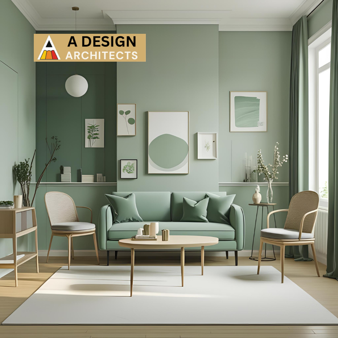 Stylish sage green living room with matching wall art, modern furniture, and natural light — interior design by A Design Architects showcasing a fresh and calming aesthetic.