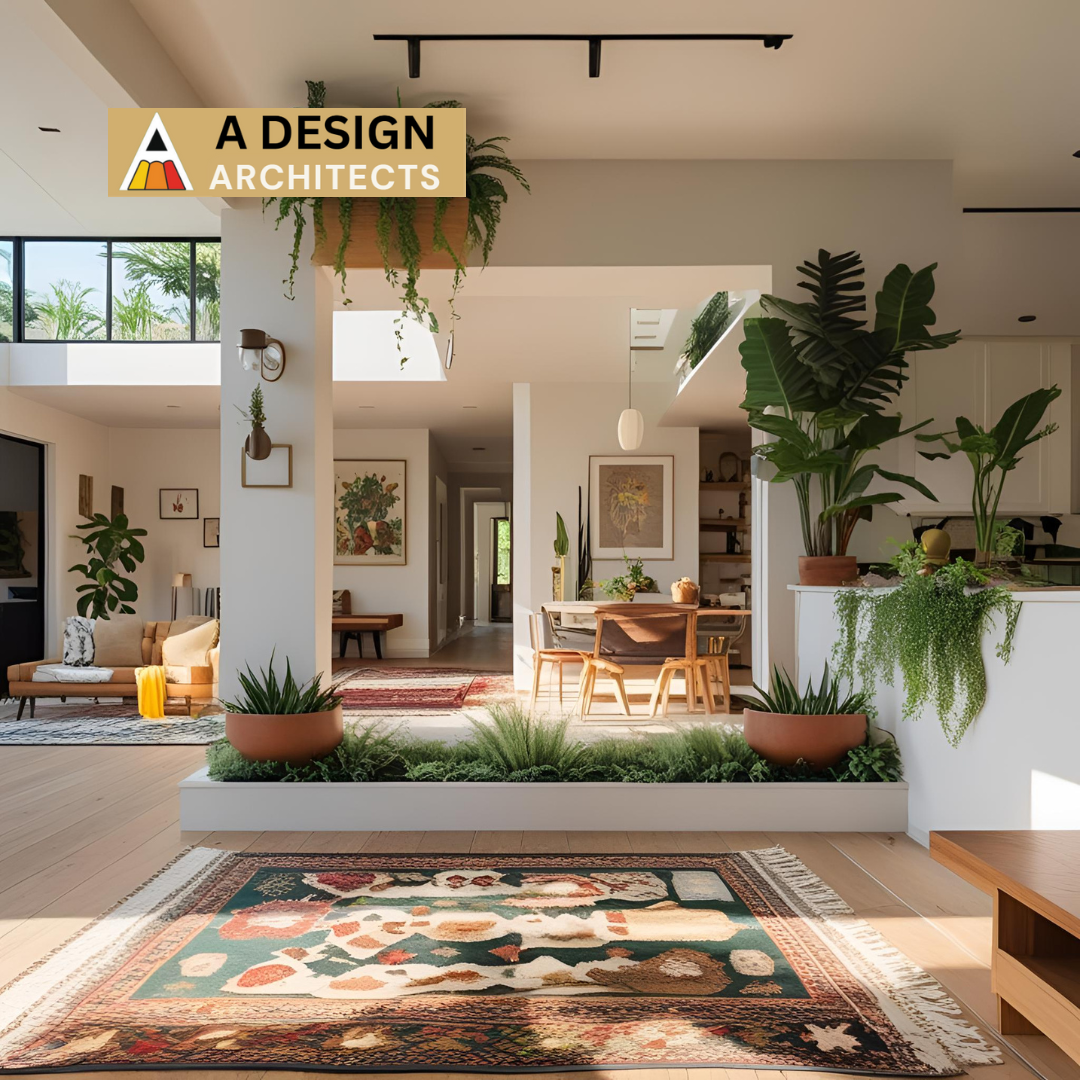 Spacious open-concept home interior with natural lighting, indoor plants, wooden furniture, and ethnic rugs — designed by A Design Architects for a vibrant yet serene living space.