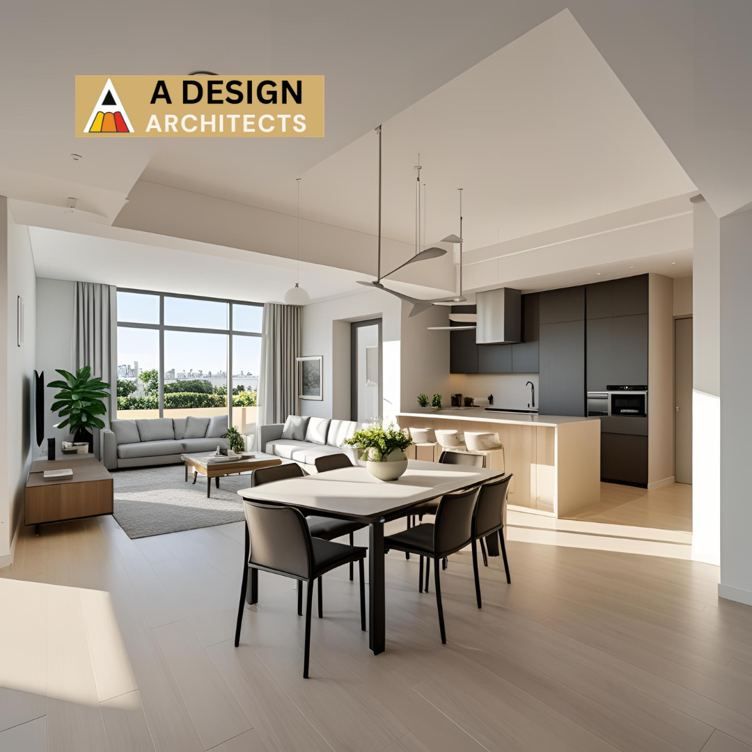Open-concept modern living and dining area with minimalist interiors, sleek kitchen design, and large windows – crafted by A Design Architects for a sophisticated and functional home space.