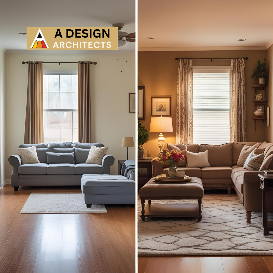Before and after living room transformation showcasing interior makeover with improved lighting, furniture, and decor – expertly redesigned by A Design Architects for a cozy and elegant space.