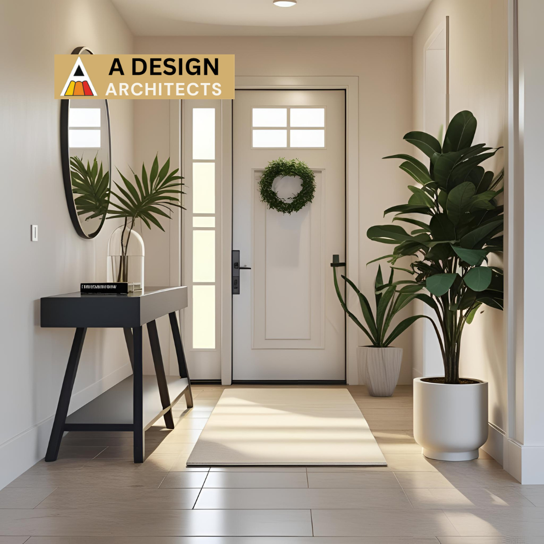 Stylish modern entryway with natural light, indoor plants, black console table, and minimal decor – thoughtfully designed by A Design Architects to create a warm and welcoming home entrance.
