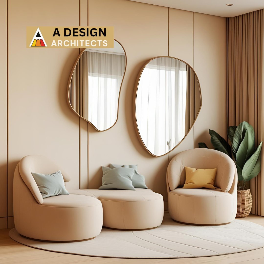 Modern minimalist sitting area with round beige chairs, pastel cushions, abstract mirrors, and indoor plant, interior design by A Design Architects for a calming home vibe.