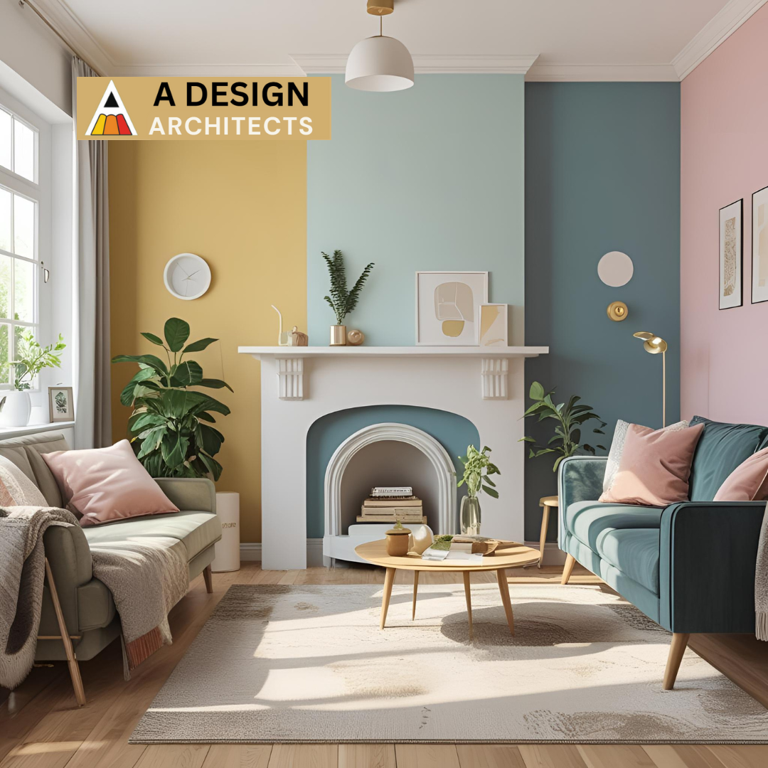 Modern living room interior with colorful pastel walls, stylish furniture, and natural light – designed by A Design Architects for a vibrant and cozy home makeover.